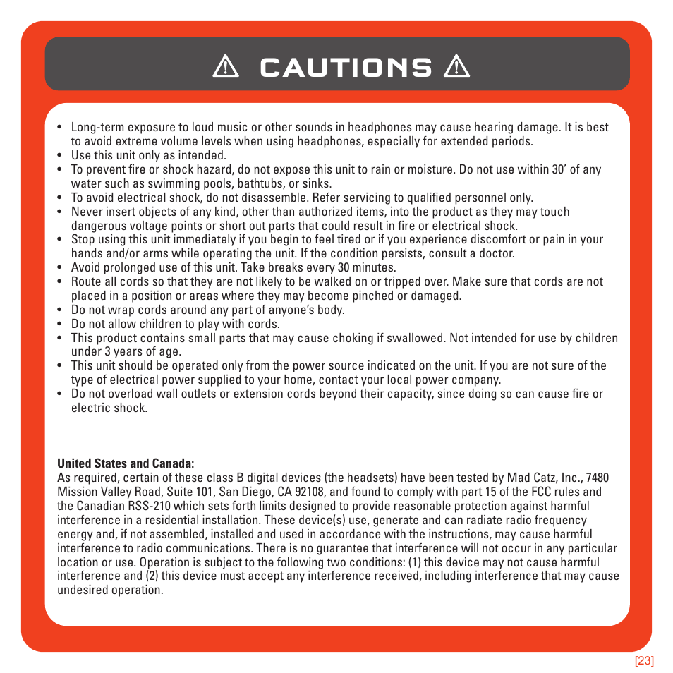 Cautions | TRITTON Pro+ 5.1 Surround Headset User Manual | Page 23 / 25