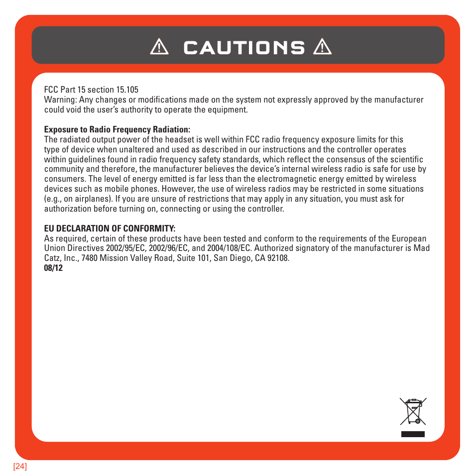 Cautions | TRITTON Pro+ 5.1 Surround Headset User Manual | Page 24 / 25