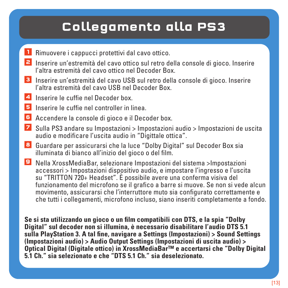 Collegamento alla ps3 | TRITTON 720+ 7.1 Surround Headset User Manual | Page 100 / 175