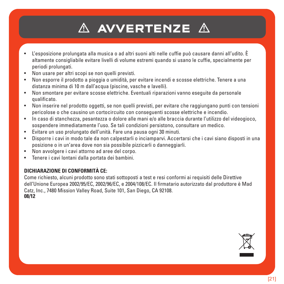 Avvertenze | TRITTON 720+ 7.1 Surround Headset User Manual | Page 108 / 175