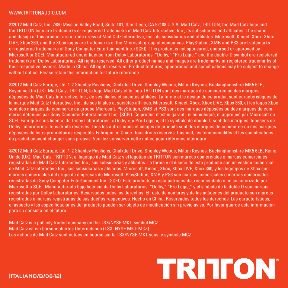 TRITTON 720+ 7.1 Surround Headset User Manual | Page 109 / 175