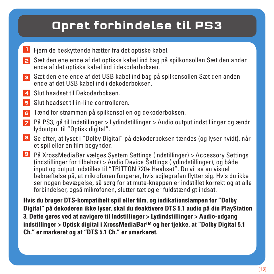 Opret forbindelse til ps3 | TRITTON 720+ 7.1 Surround Headset User Manual | Page 122 / 175