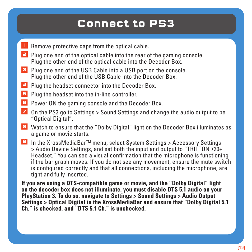 Connect to ps3 | TRITTON 720+ 7.1 Surround Headset User Manual | Page 13 / 175