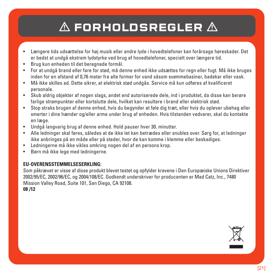 Forholdsregler | TRITTON 720+ 7.1 Surround Headset User Manual | Page 130 / 175