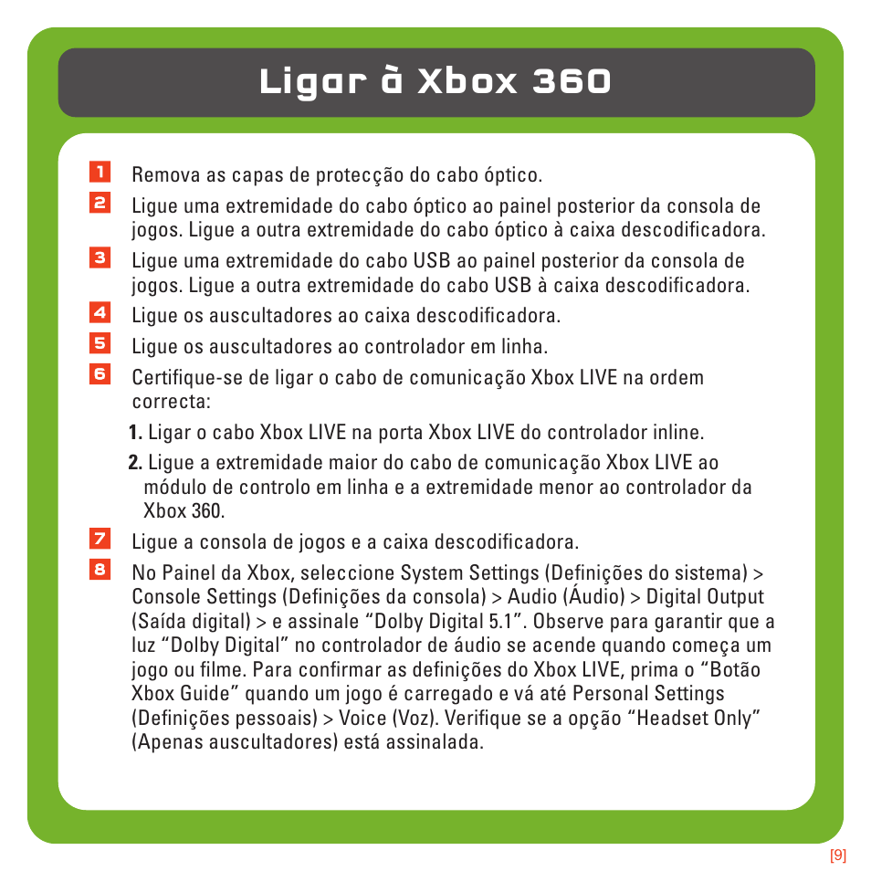 Ligar à xbox 360 | TRITTON 720+ 7.1 Surround Headset User Manual | Page 140 / 175