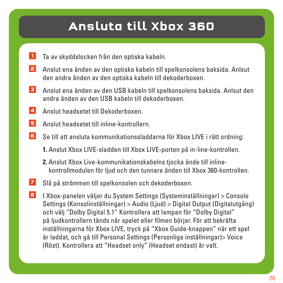 Ansluta till xbox 360 | TRITTON 720+ 7.1 Surround Headset User Manual | Page 162 / 175