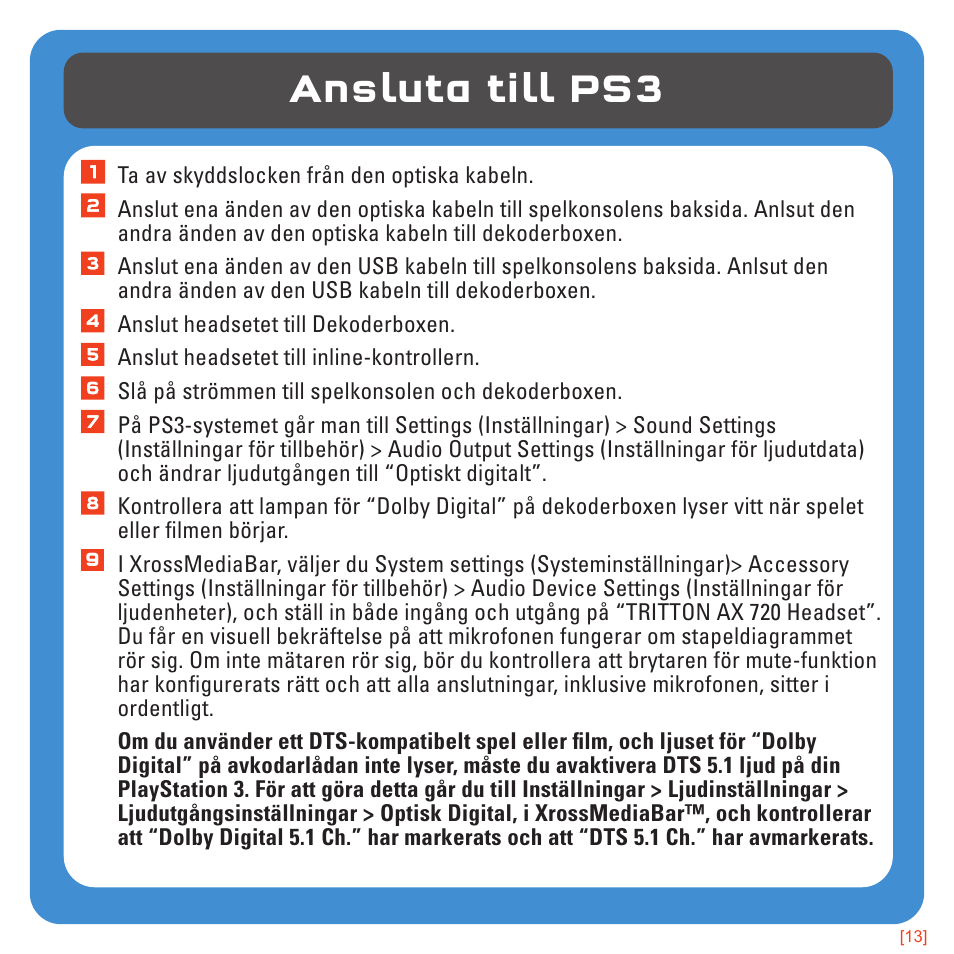 Ansluta till ps3 | TRITTON 720+ 7.1 Surround Headset User Manual | Page 166 / 175