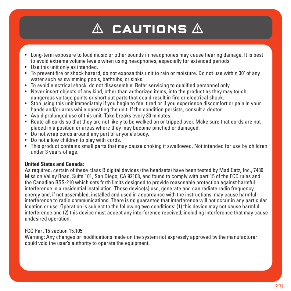 Cautions | TRITTON 720+ 7.1 Surround Headset User Manual | Page 21 / 175