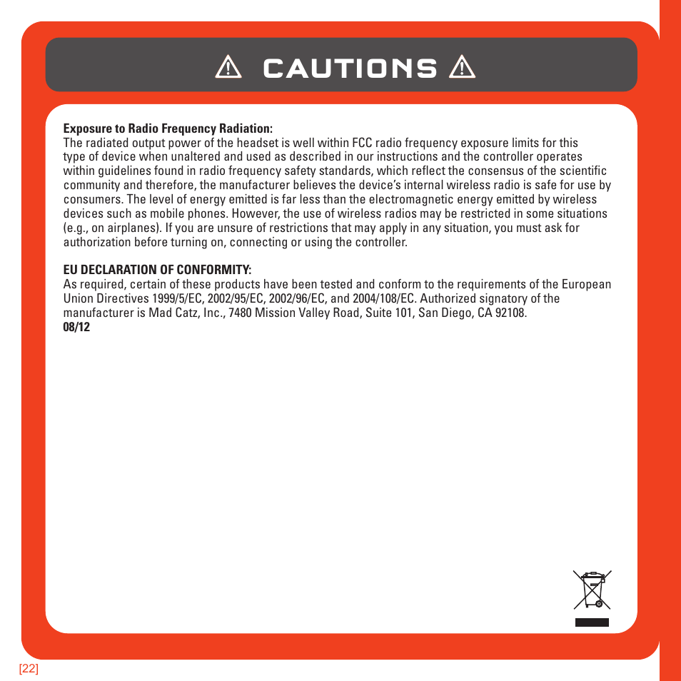 Cautions | TRITTON 720+ 7.1 Surround Headset User Manual | Page 22 / 175