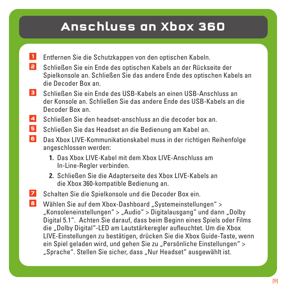 Anschluss an xbox 360 | TRITTON 720+ 7.1 Surround Headset User Manual | Page 32 / 175