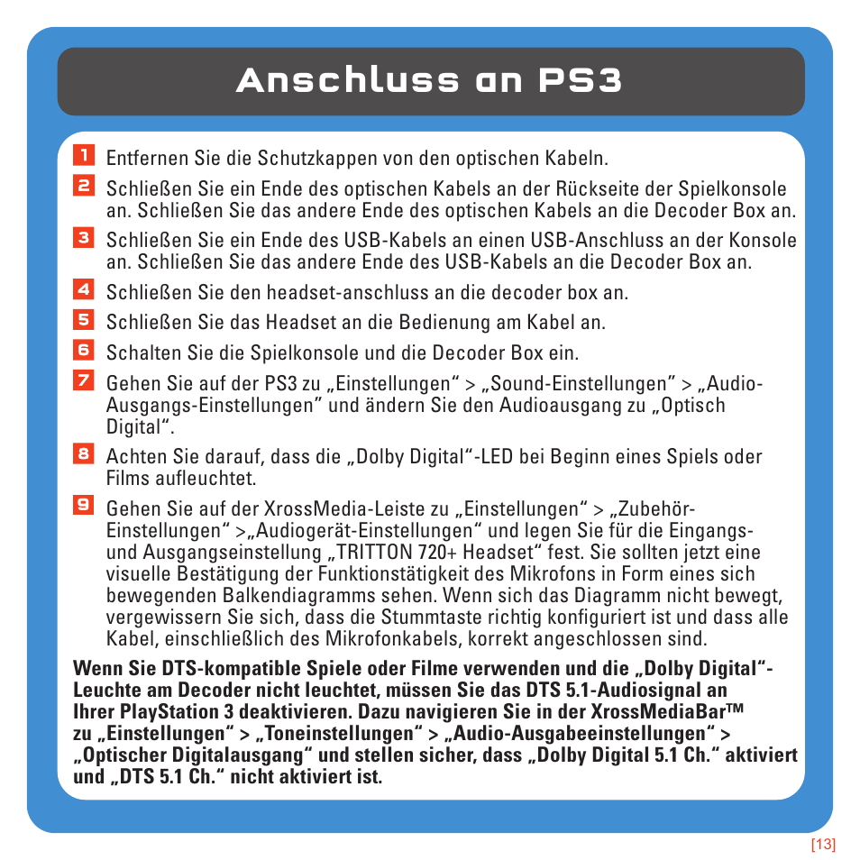 Anschluss an ps3 | TRITTON 720+ 7.1 Surround Headset User Manual | Page 36 / 175