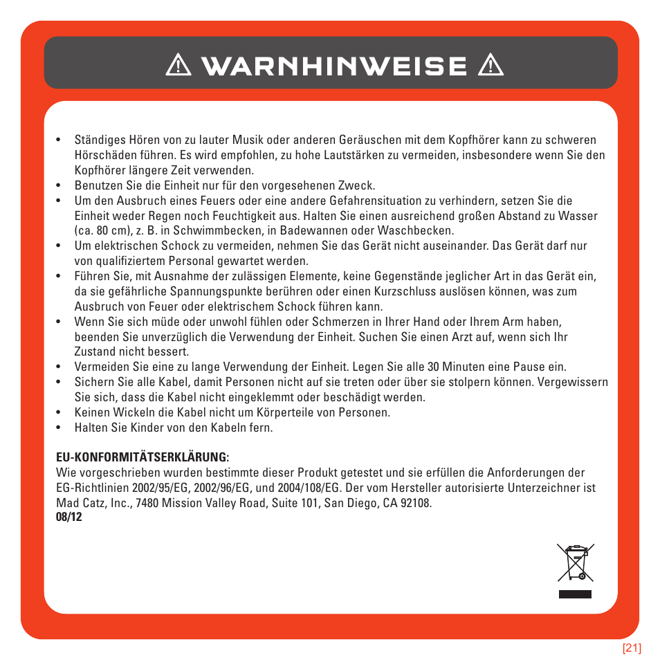 Warnhinweise | TRITTON 720+ 7.1 Surround Headset User Manual | Page 44 / 175
