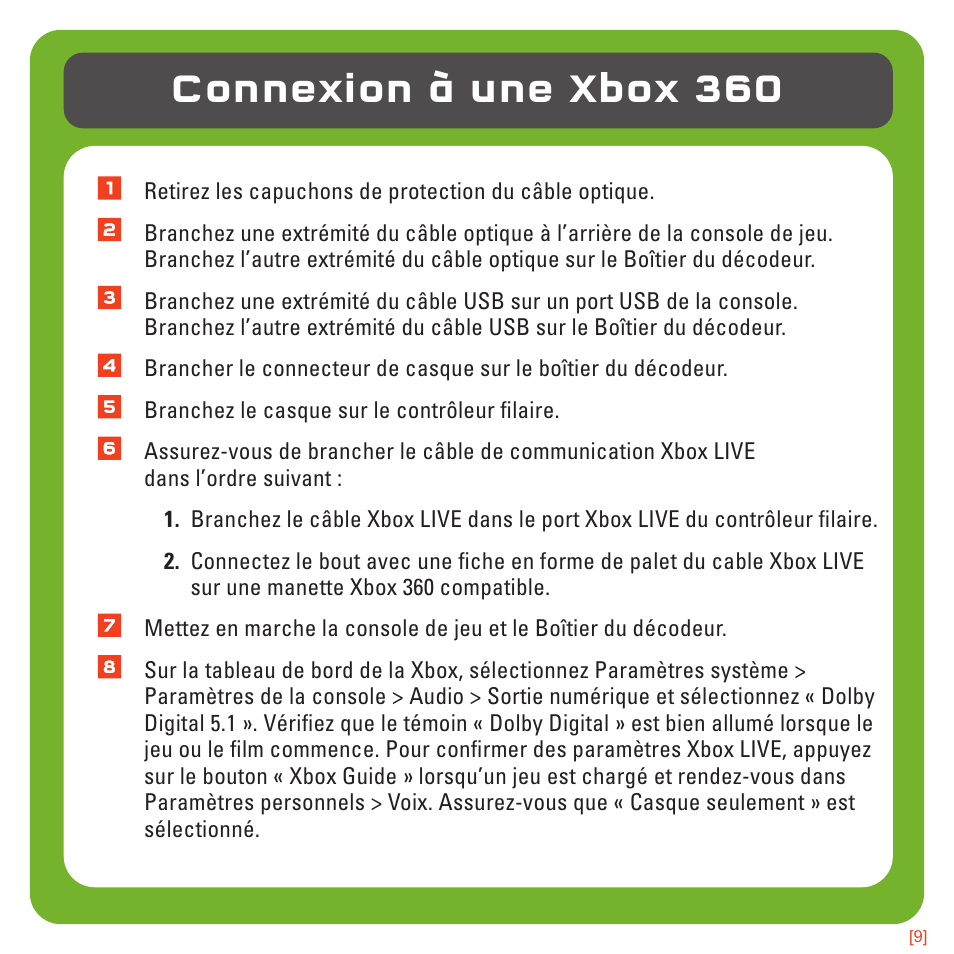 Connexion à une xbox 360 | TRITTON 720+ 7.1 Surround Headset User Manual | Page 54 / 175