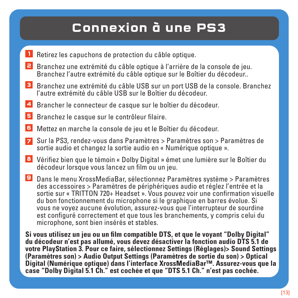 Connexion à une ps3 | TRITTON 720+ 7.1 Surround Headset User Manual | Page 58 / 175