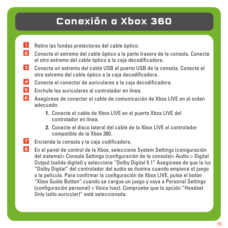 Conexión a xbox 360 | TRITTON 720+ 7.1 Surround Headset User Manual | Page 73 / 175