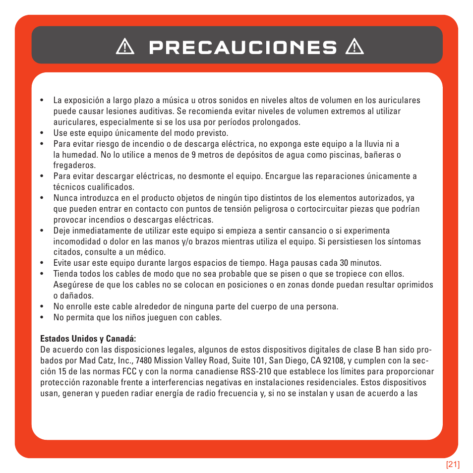 Precauciones | TRITTON 720+ 7.1 Surround Headset User Manual | Page 85 / 175