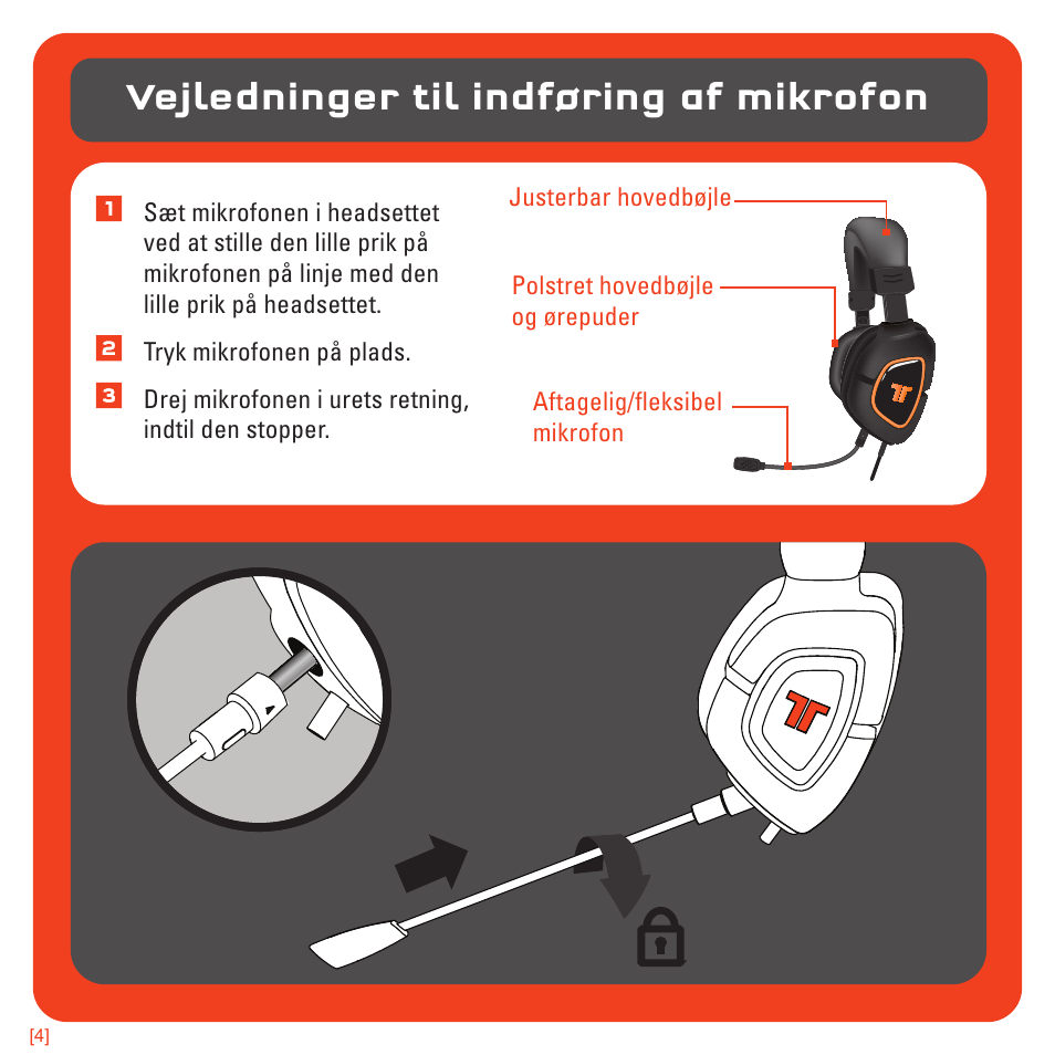 Vejledninger til indføring af mikrofon | TRITTON AX180 Universal Gaming Headset User Manual | Page 102 / 155