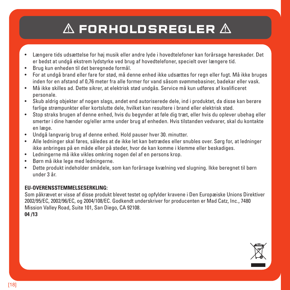 Forholdsregler | TRITTON AX180 Universal Gaming Headset User Manual | Page 116 / 155