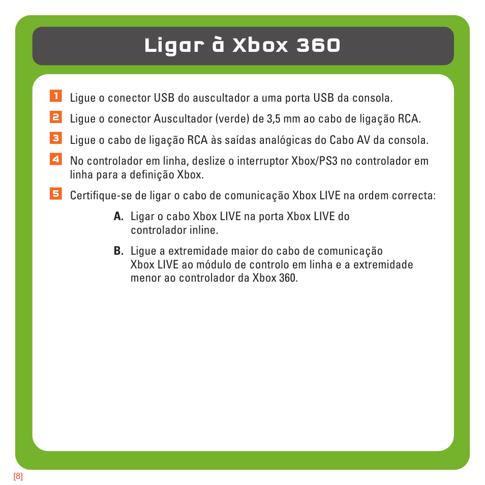 Ligar à xbox 360 | TRITTON AX180 Universal Gaming Headset User Manual | Page 125 / 155