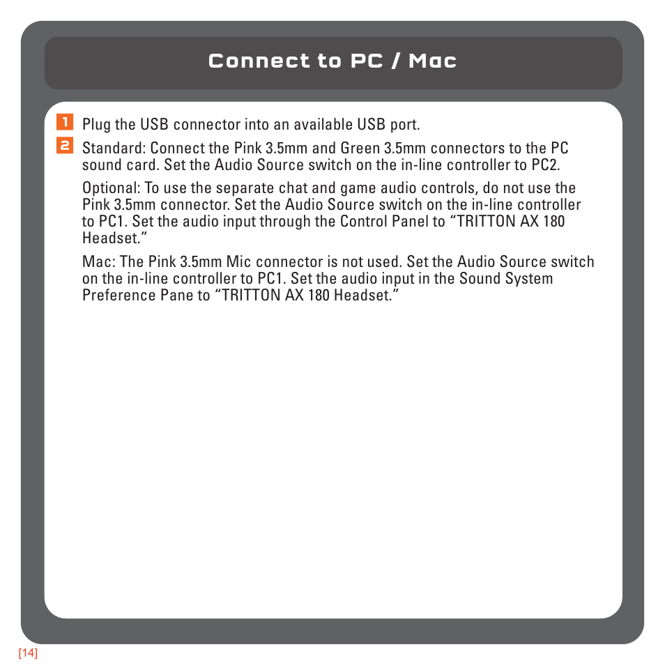 Connect to pc / mac | TRITTON AX180 Universal Gaming Headset User Manual | Page 14 / 155