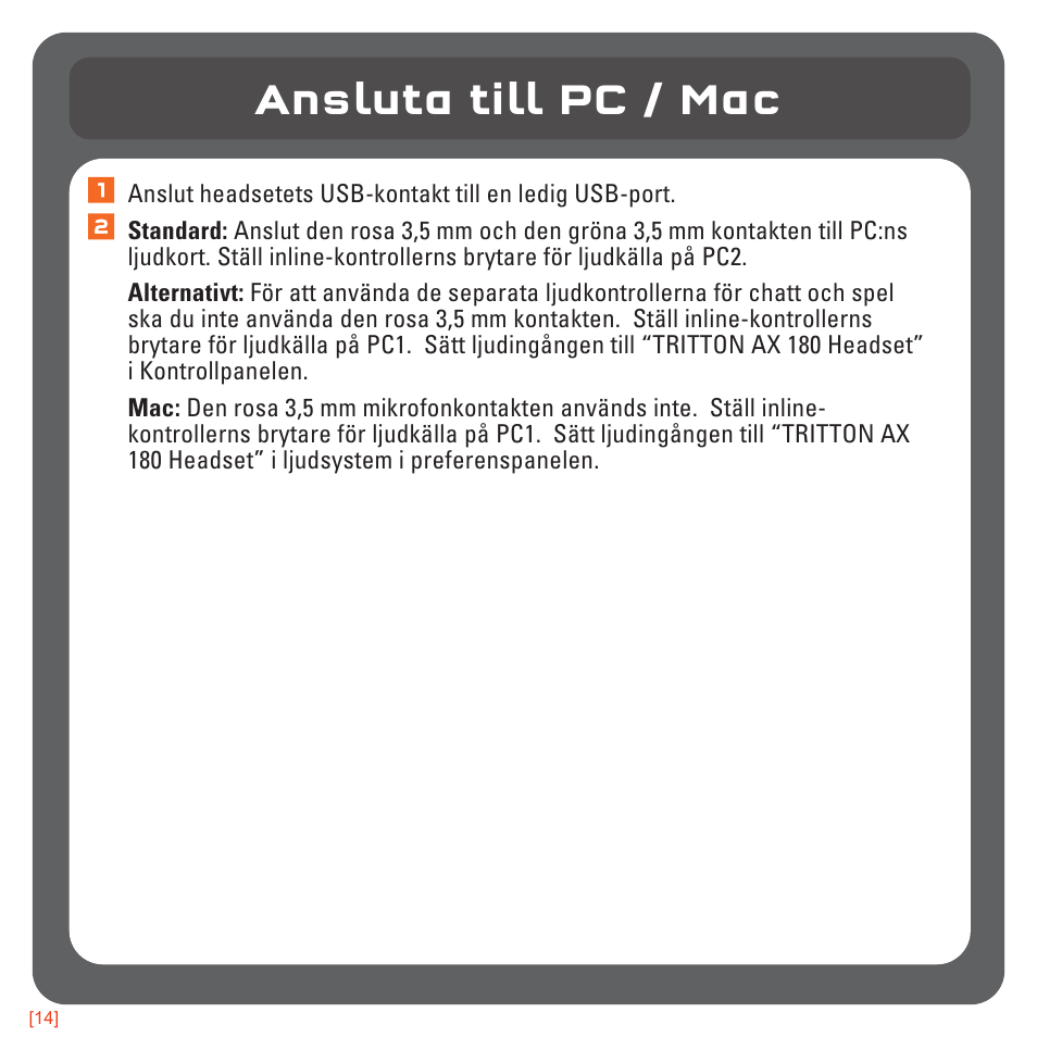 Ansluta till pc / mac | TRITTON AX180 Universal Gaming Headset User Manual | Page 150 / 155