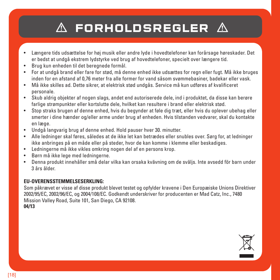 Forholdsregler | TRITTON AX180 Universal Gaming Headset User Manual | Page 154 / 155