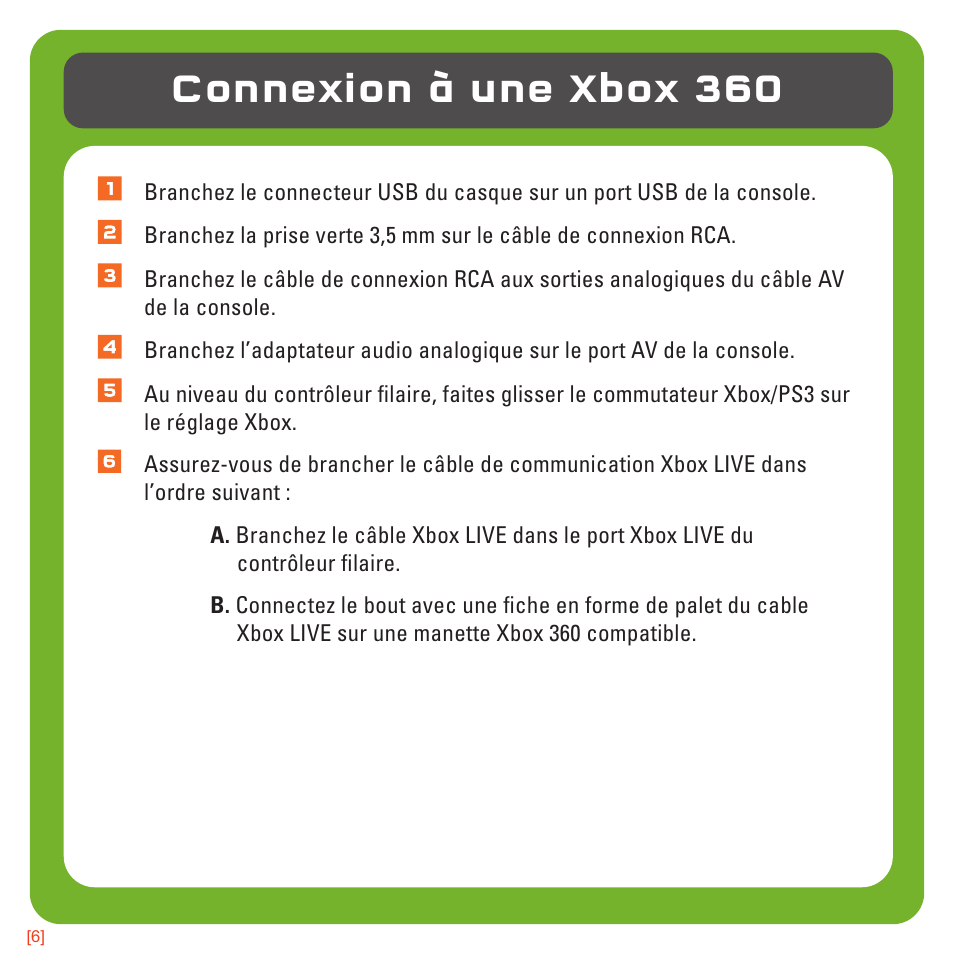 Connexion à une xbox 360 | TRITTON AX180 Universal Gaming Headset User Manual | Page 26 / 155