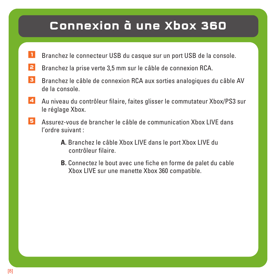 Connexion à une xbox 360 | TRITTON AX180 Universal Gaming Headset User Manual | Page 28 / 155