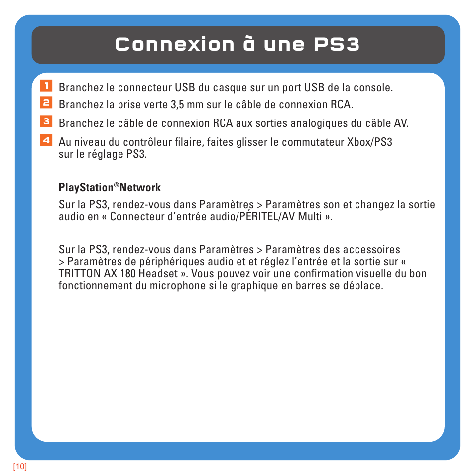 Connexion à une ps3 | TRITTON AX180 Universal Gaming Headset User Manual | Page 30 / 155