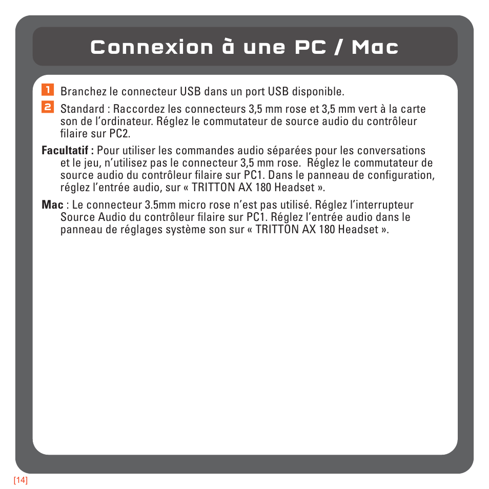 Connexion à une pc / mac | TRITTON AX180 Universal Gaming Headset User Manual | Page 34 / 155