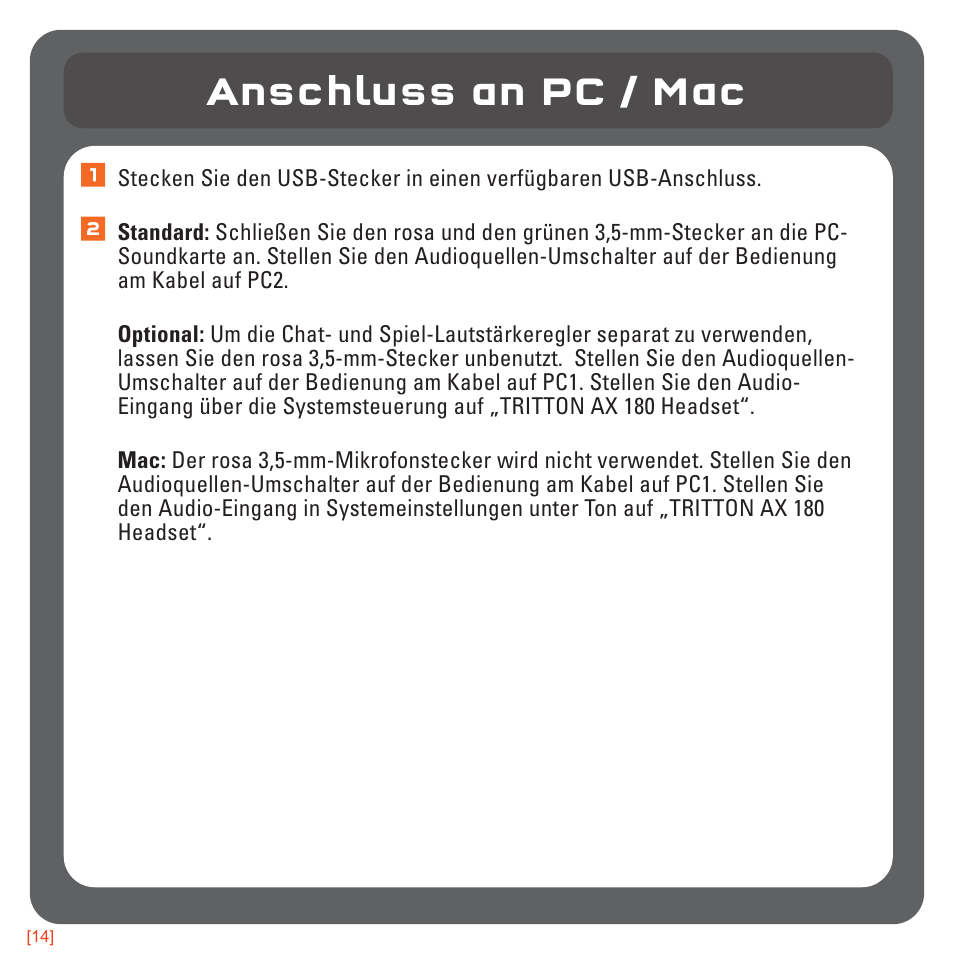 Anschluss an pc / mac | TRITTON AX180 Universal Gaming Headset User Manual | Page 54 / 155