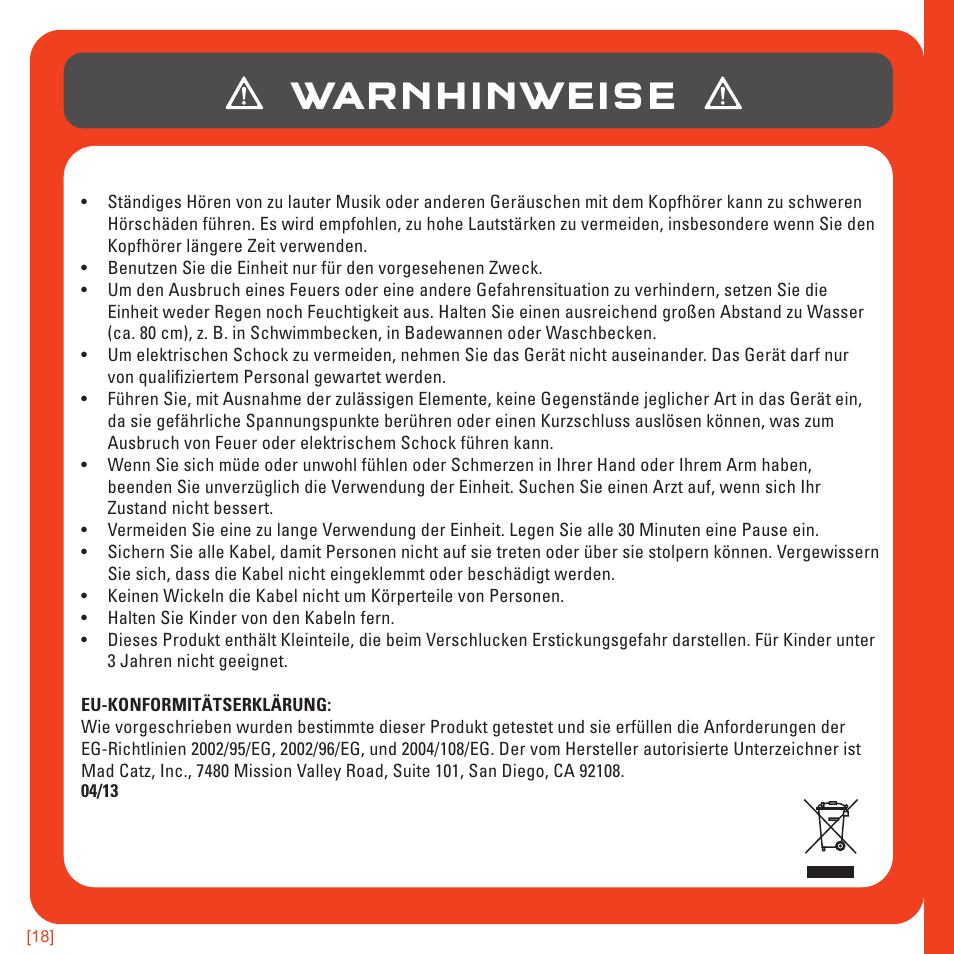 Warnhinweise | TRITTON AX180 Universal Gaming Headset User Manual | Page 58 / 155