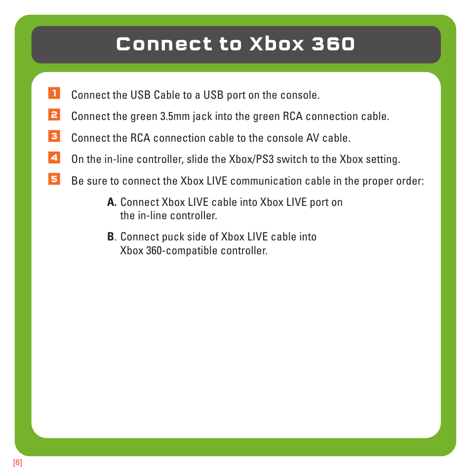 Connect to xbox 360 | TRITTON AX180 Universal Gaming Headset User Manual | Page 8 / 155