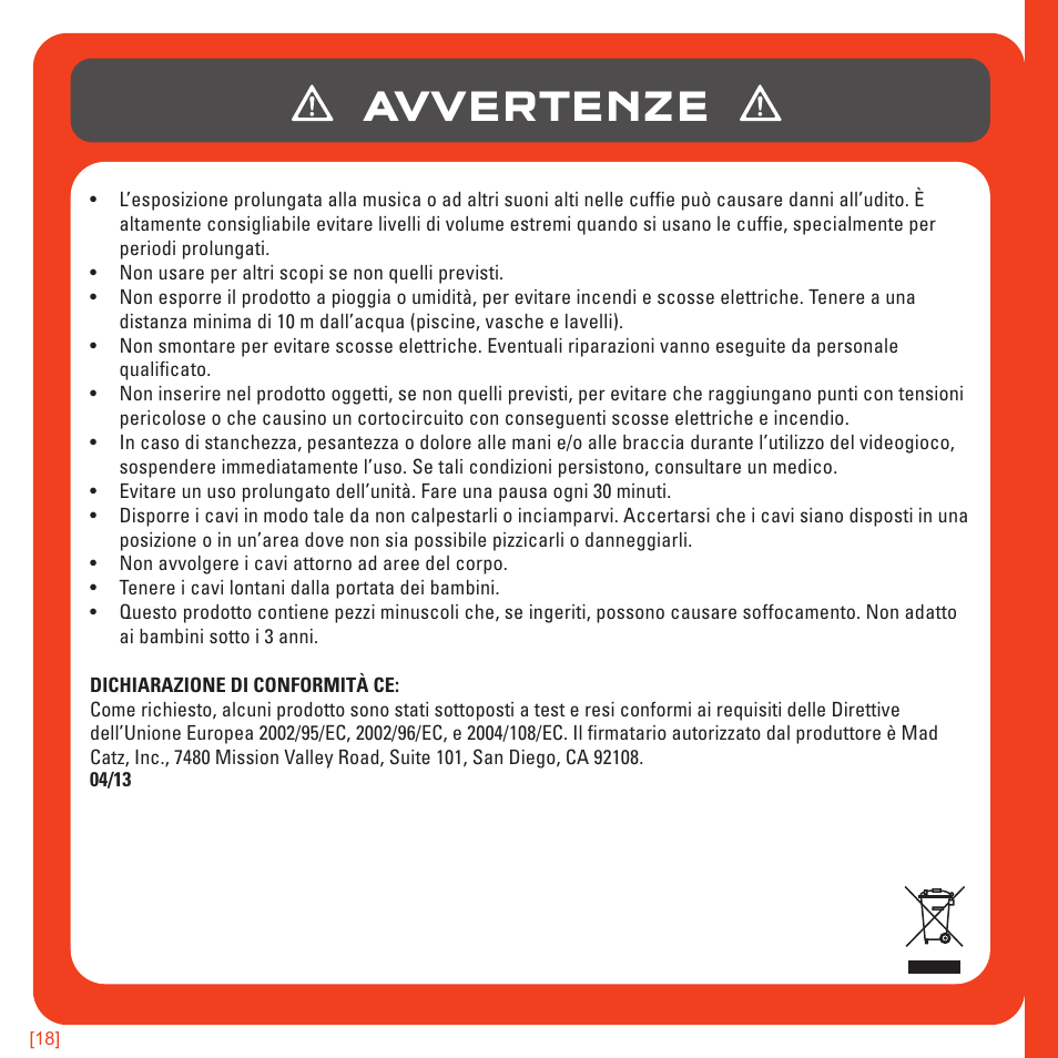 Avvertenze | TRITTON AX180 Universal Gaming Headset User Manual | Page 97 / 155