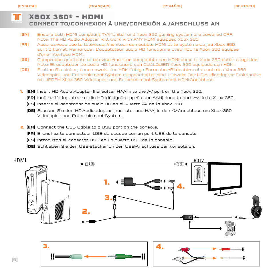 Xbox 360® – hdmi, Hdmi, Hdtv | TRITTON AX120 Gaming headset User Manual | Page 10 / 30