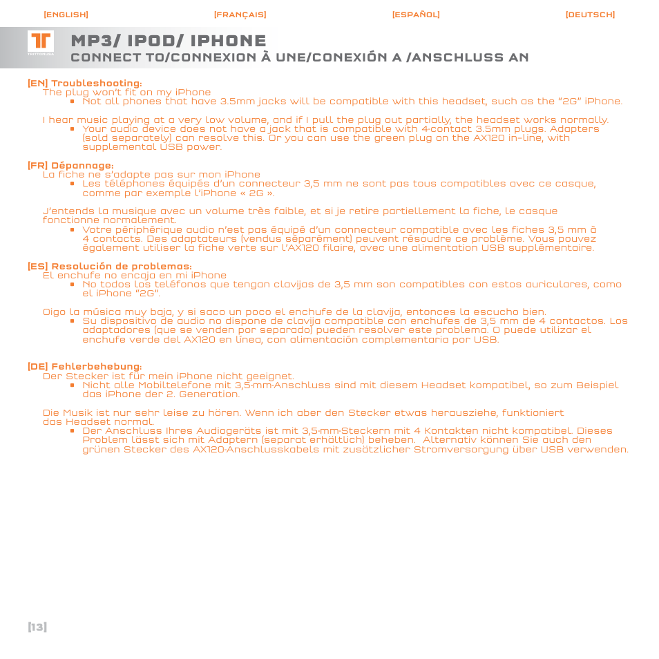 Mp3/ ipod/ iphone | TRITTON AX120 Gaming headset User Manual | Page 14 / 30