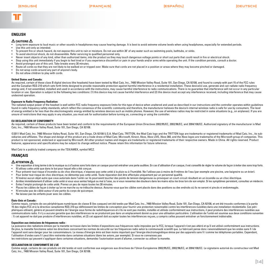 English, Français | TRITTON AX120 Gaming headset User Manual | Page 15 / 30
