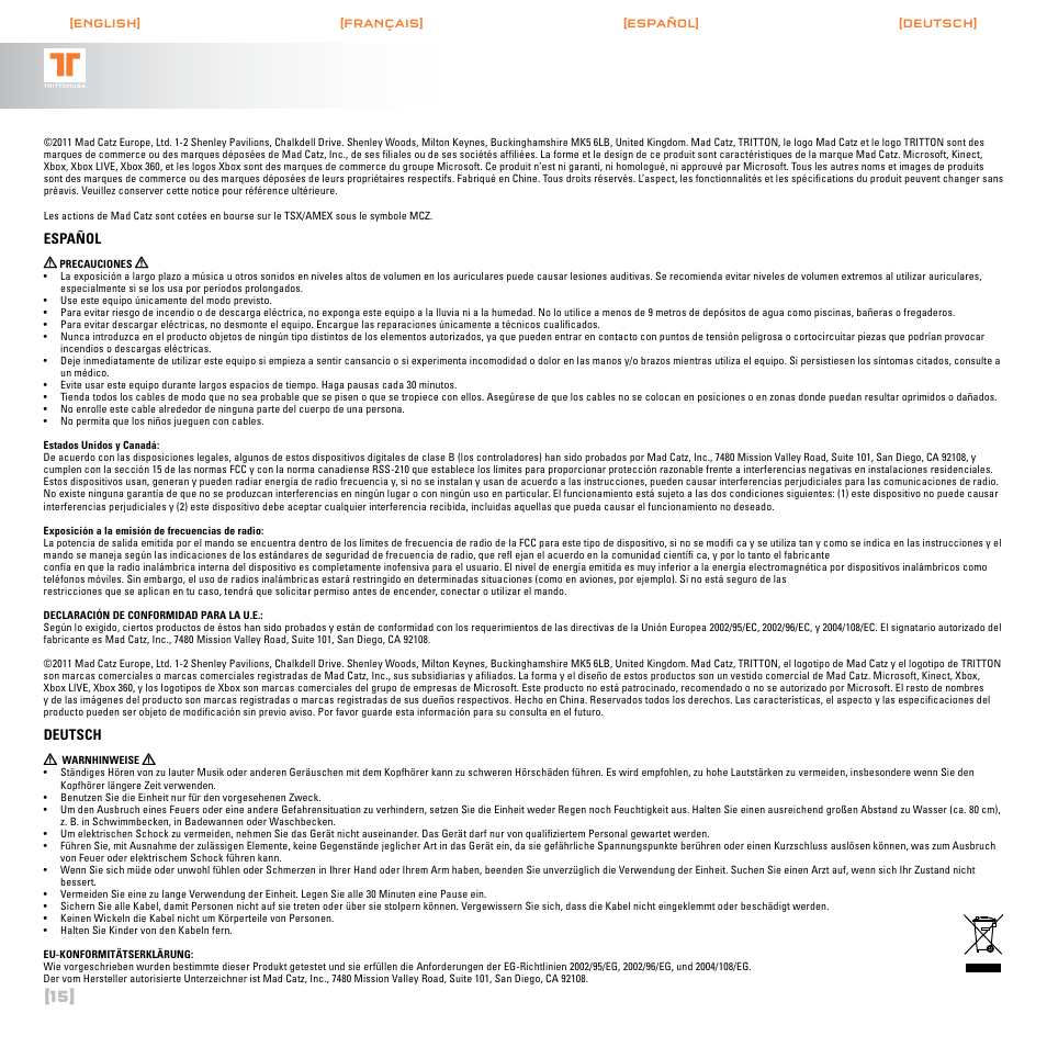 Español, Deutsch | TRITTON AX120 Gaming headset User Manual | Page 16 / 30