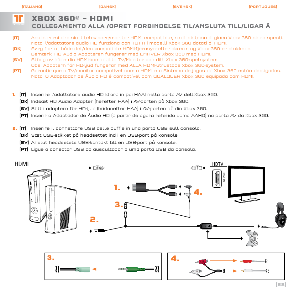 Xbox 360® – hdmi, Hdmi, Hdtv | TRITTON AX120 Gaming headset User Manual | Page 23 / 30