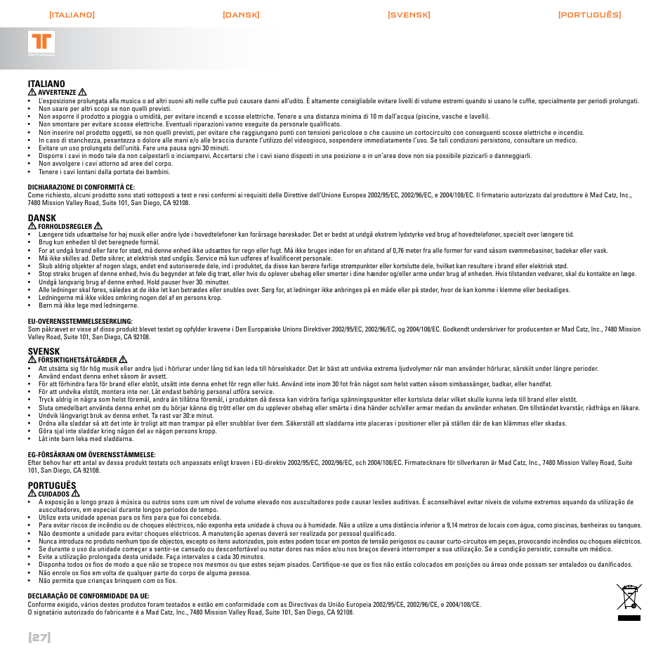 Italiano, Dansk, Svensk | Português | TRITTON AX120 Gaming headset User Manual | Page 28 / 30
