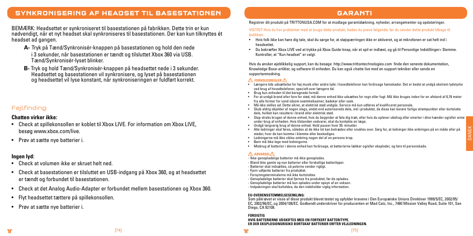 Synkronisering af headset til basestationen, Garanti | TRITTON Primer Wireless Stereo Headset User Manual | Page 38 / 43