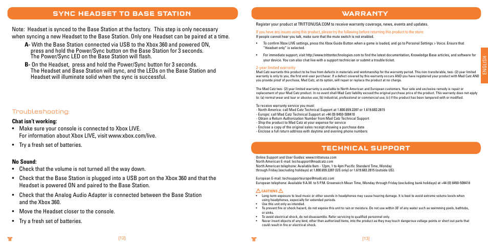 Sync headset to base station, Warranty, Technical support | TRITTON Primer Wireless Stereo Headset User Manual | Page 7 / 43