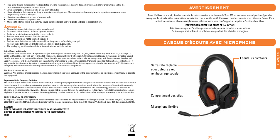 Avertissement casque d’écoute avec microphone | TRITTON Primer Wireless Stereo Headset User Manual | Page 8 / 43