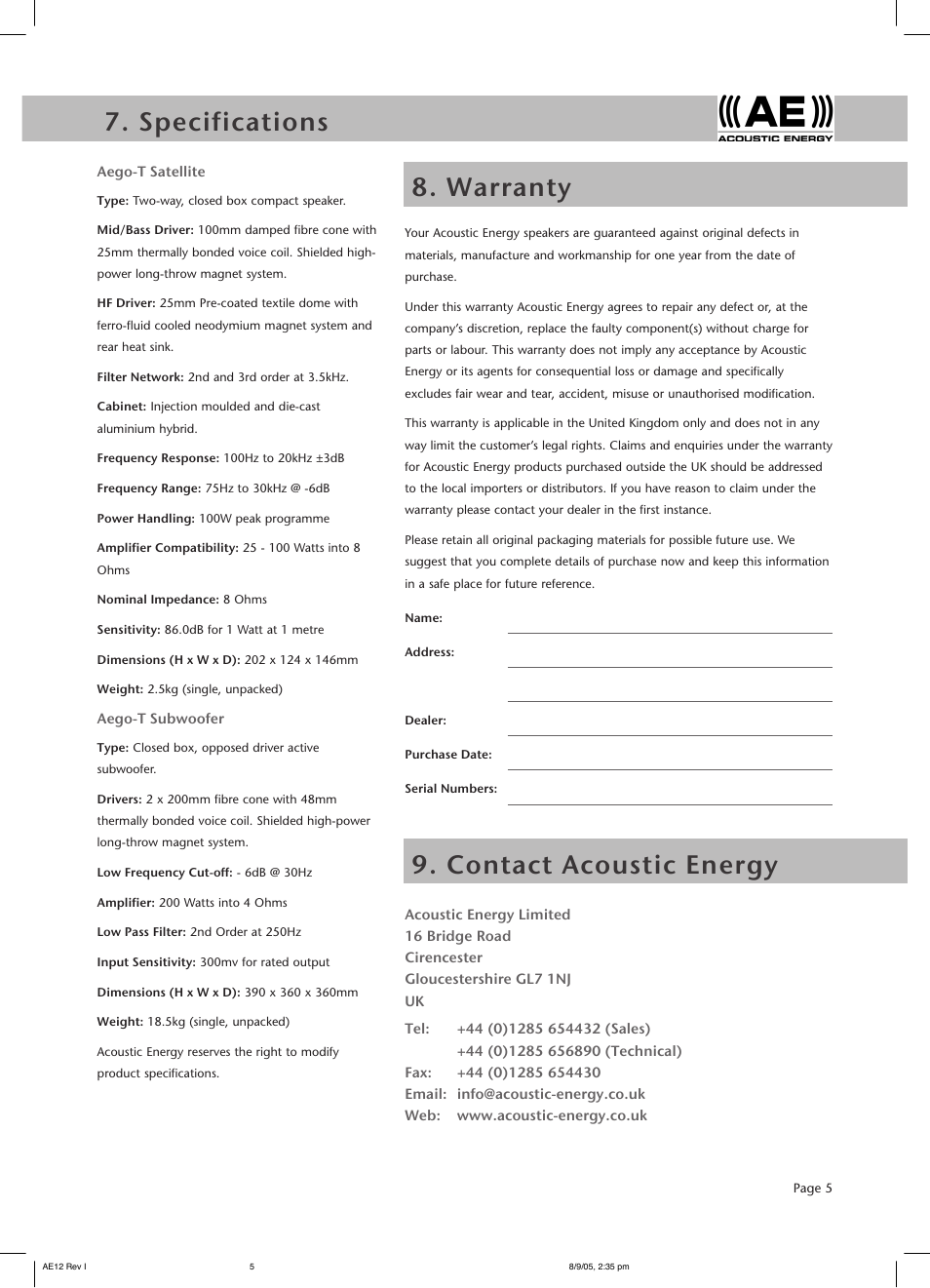 Acoustic Energy Aego-T User Manual | Page 7 / 8