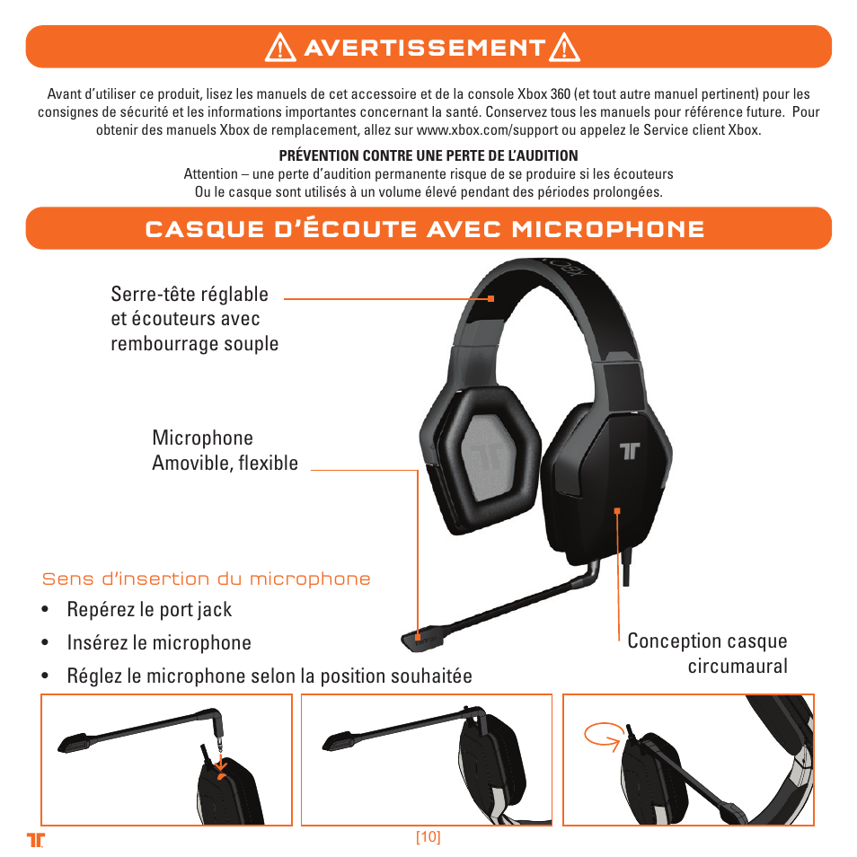 Avertissement casque d’écoute avec microphone | TRITTON Detonator Stereo Gaming Headset User Manual | Page 10 / 56