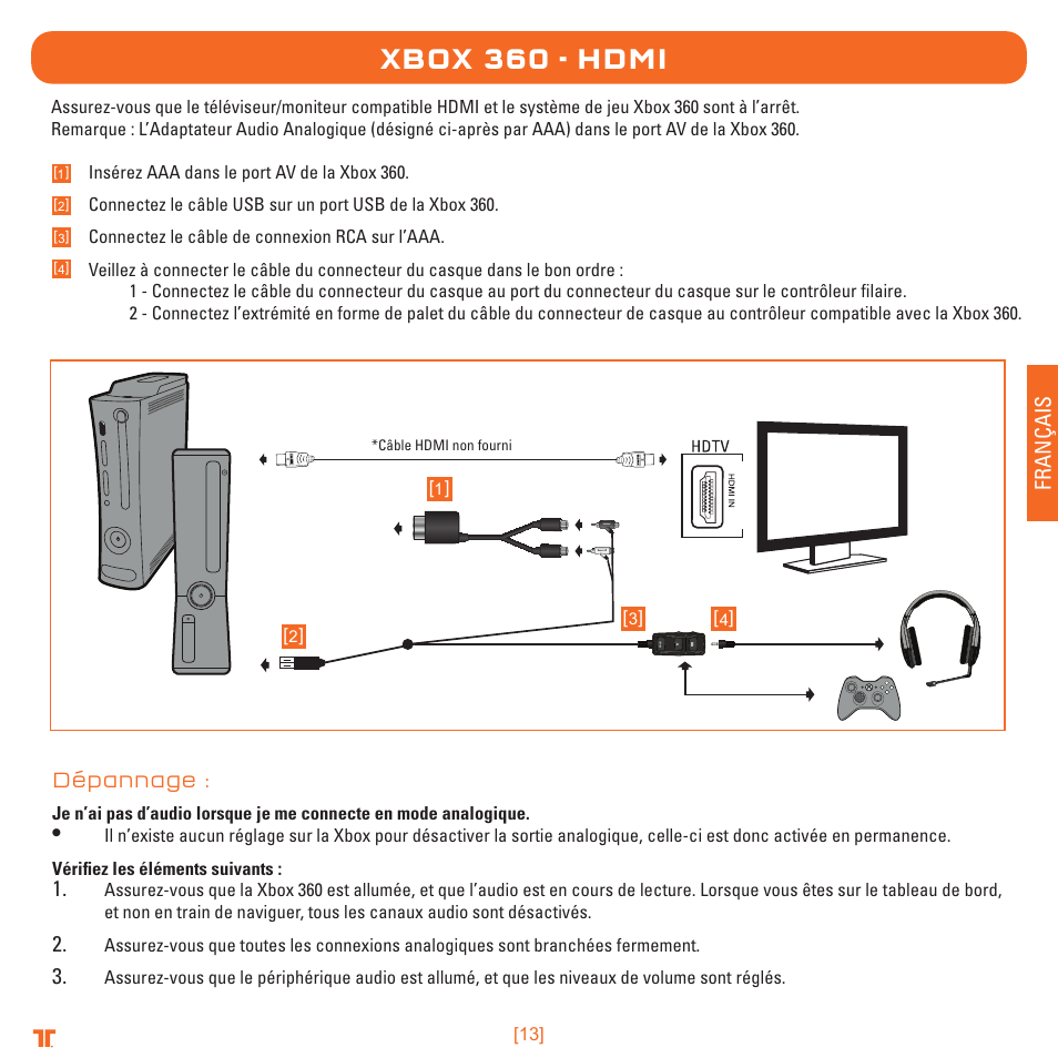 Xbox 360 - hdmi, Français, Dépannage | TRITTON Detonator Stereo Gaming Headset User Manual | Page 13 / 56