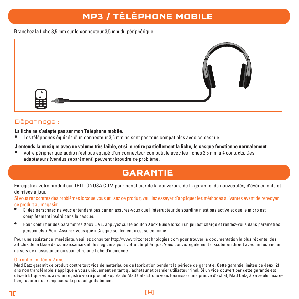 Mp3 / téléphone mobile garantie | TRITTON Detonator Stereo Gaming Headset User Manual | Page 14 / 56