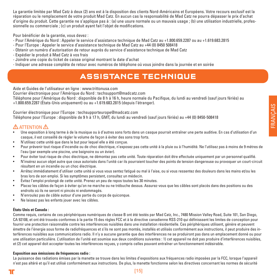 Assistance technique, Français | TRITTON Detonator Stereo Gaming Headset User Manual | Page 15 / 56