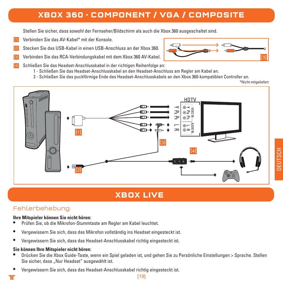 Xbox 360 - component / vga / composite, Xbox live, Zum headset | TRITTON Detonator Stereo Gaming Headset User Manual | Page 19 / 56