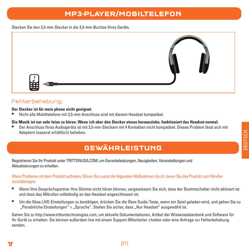 Mp3-player/mobiltelefon gewährleistung | TRITTON Detonator Stereo Gaming Headset User Manual | Page 21 / 56